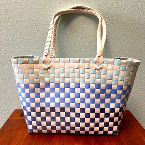 Brand New Blue and White Woven Vinyl Tote Beach Shopping Diaper Bag Turquoise